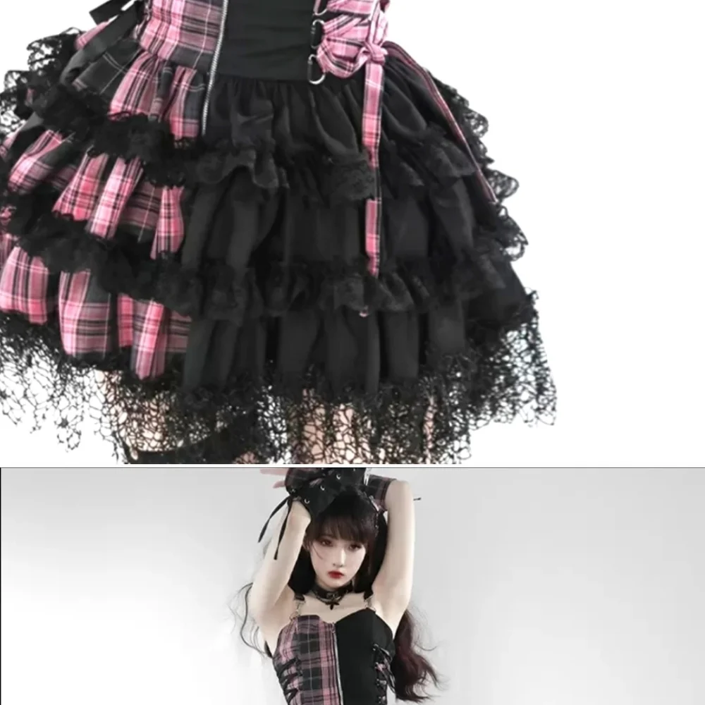 Pink Plaid & Solid Black Cute Punk Dress w/ Layered Lace Skirt & Front Zipper - Picture 5 of 6